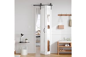 FREDBECK Bifold Barn Door 30x84 (Double 15x84) with 1 Lites Mirror,Bi-fold Closet Doors Hardware Kit Included,34" Track for 2 Doors, PVC, White,for Living Room, Bathrooms, Kicthen