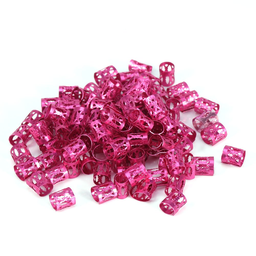 100PCS/Bag Adjustable Dreadlocks Hair Braid Beads Rings, Rings Cuff Styling Decoration Tools, Hair Decoration Accessories, 7 Colors (Rose Red)