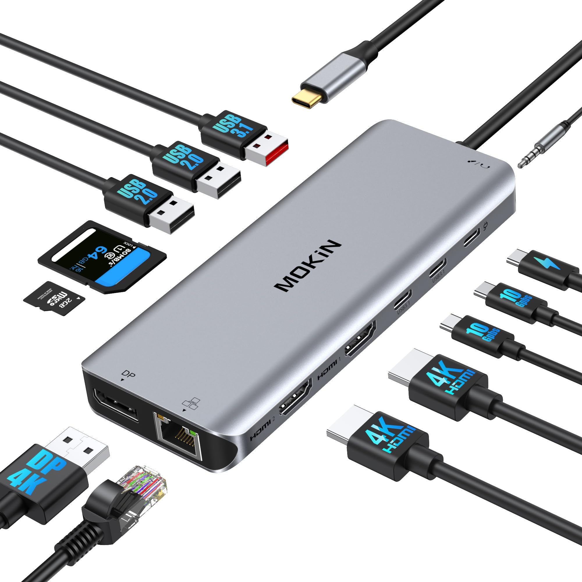 MOKiN Docking Station, Dockingstation Laptop 2 Monitore für Tragbare Computer, 13 in 1 USB-C Hub Dock mit Dual HDMI Adapter, DisplayPort, 10Gbps, 100W Ladefunktion, Gigabit Ethernet für Dell HP Lenovo