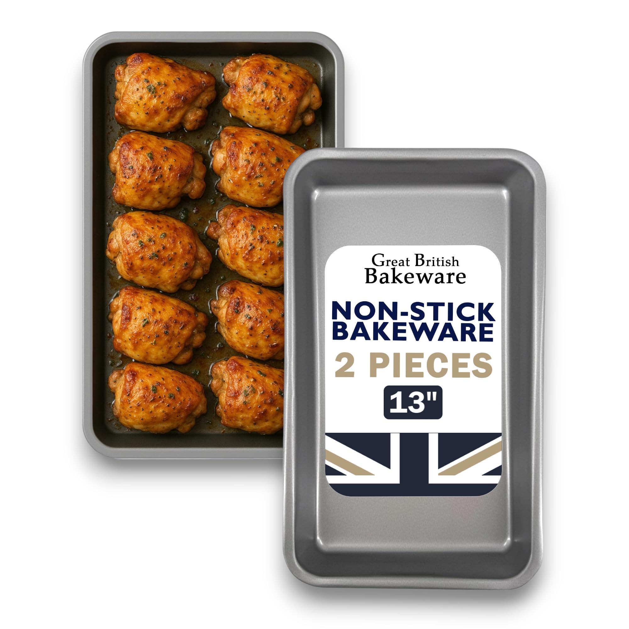 Great British Bakeware 2 Pack 34cm Superior Double Coated Non-Stick Roasting Tray, Oven Baking Tray, PFOA & BPA Free Cookware, Oven Safe Baking & Roasting Tin, Made in England