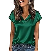 Zeagoo Women Silk Satin Tops Cap Short Sleeve Blouse V Neck Shirts Business Casual Outfits S-2XL