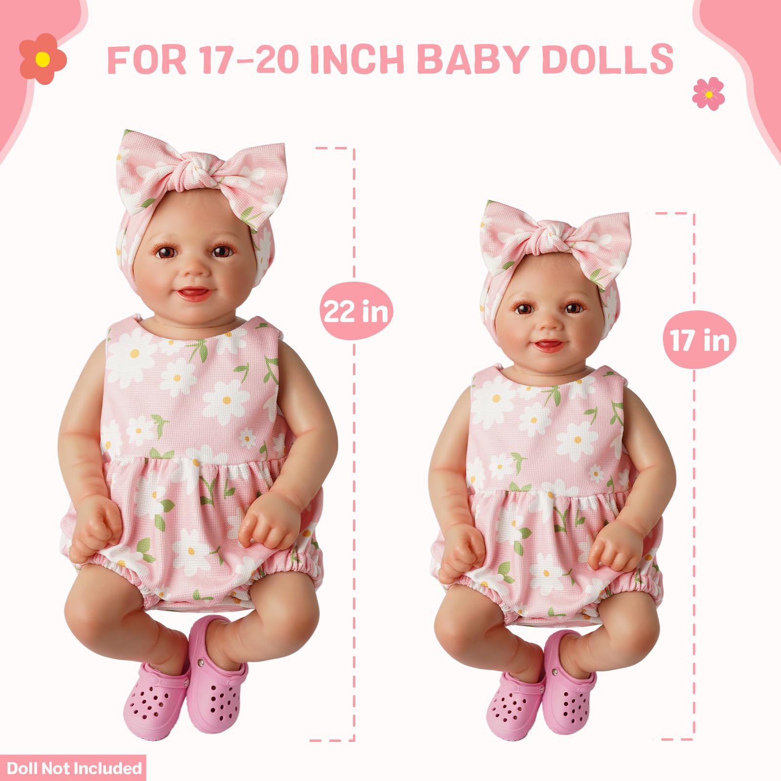 BABESIDE 16-20 Inch Reborn Baby Doll Clothes Set with 16 Inch Doll Shoes for Reborn Dolls, Summer Floral Babydoll Clothes with Bag Headband for Realistic Baby Dolls Accessories, Pink