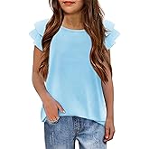 Girls T Shirts Ruffle Short Sleeve Round Neck Loose Blouse Summer Solid Color Casual Girl Tee Tops for 3-12 Years