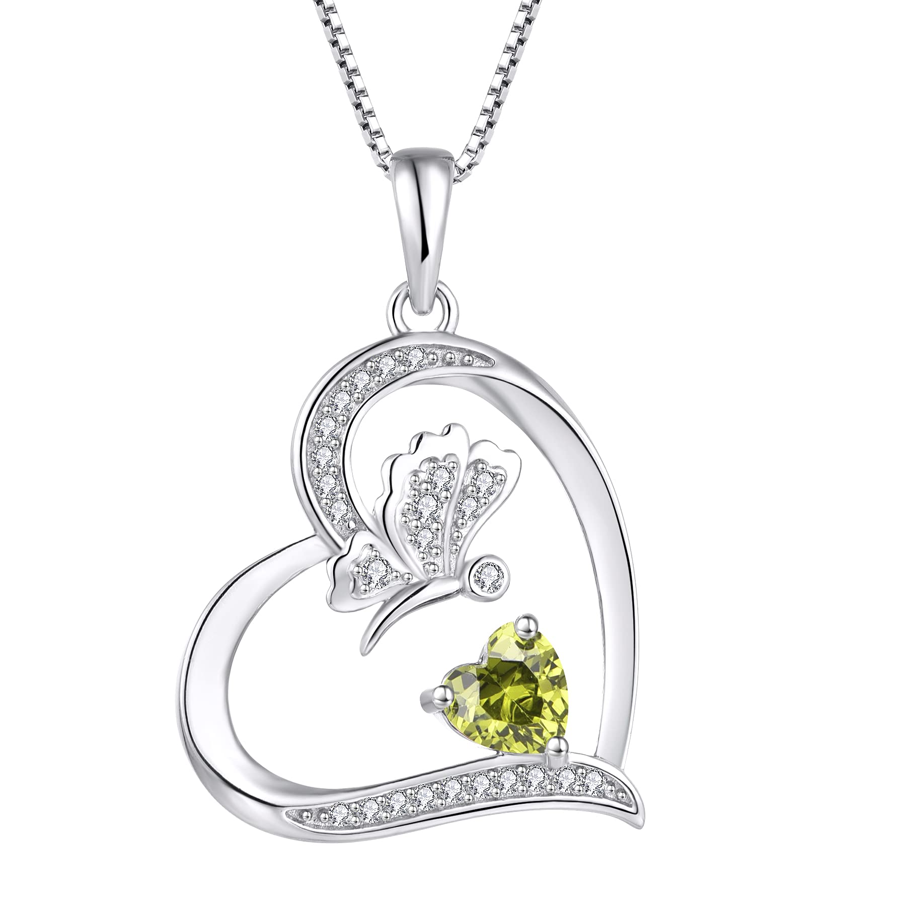 FJ Love Heart Butterfly Necklace 925 Sterling Silver Peridot Necklace August Birthstone Pendant Jewellery for Women