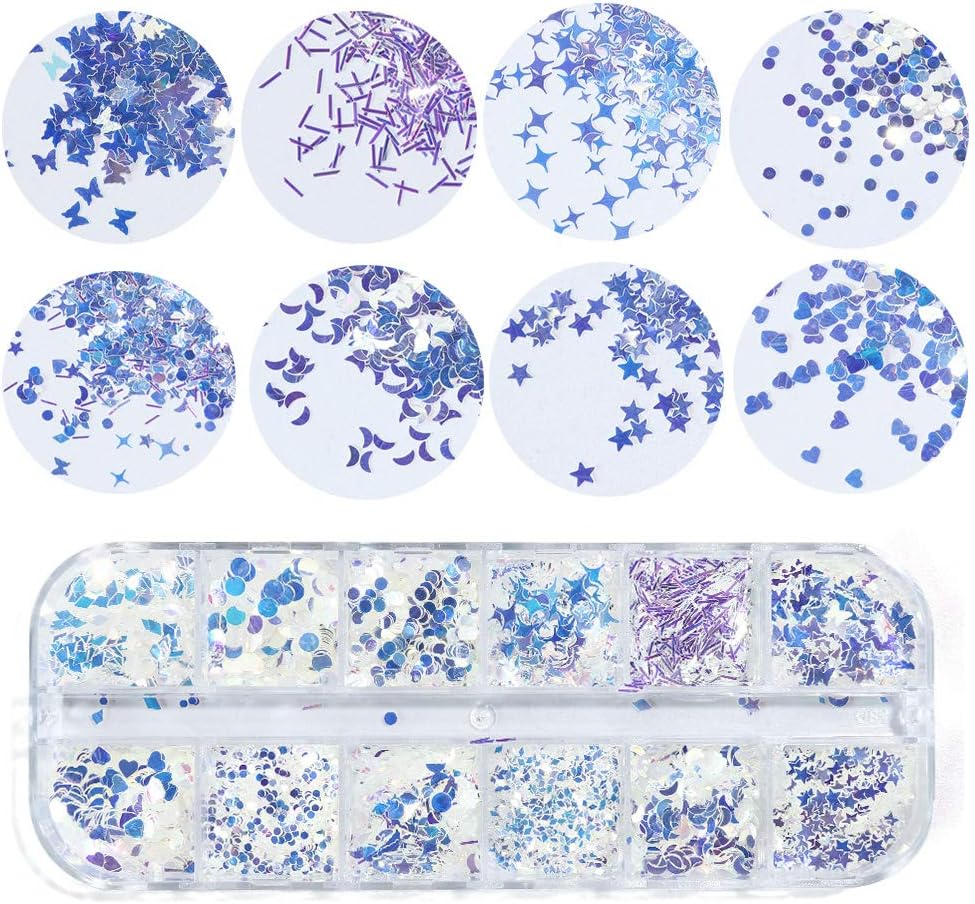 VOLODIA 1 Box Nail Art Glitter Powder Set Sliver White Irregular Round Hexagon Flakes Mermaid Spangles Decorations Manicure Tips