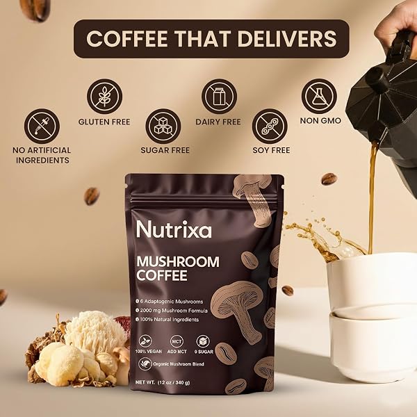 NUTRIXA MUSHROOM COFFEE ORGANIC MEDIUM ROAST 340G (56 SERVINGS) NEW TASTE – 6 ADAPTOGENIC MUSHROOMS FOR ENERGY, FOCUS & GUT HEALTH – INSTANT SUPERFOOD BLEND WITH LIONS MANE, REISHI, CORDYCEPS, TURKEY TAIL, COCONUT & MCT OIL
