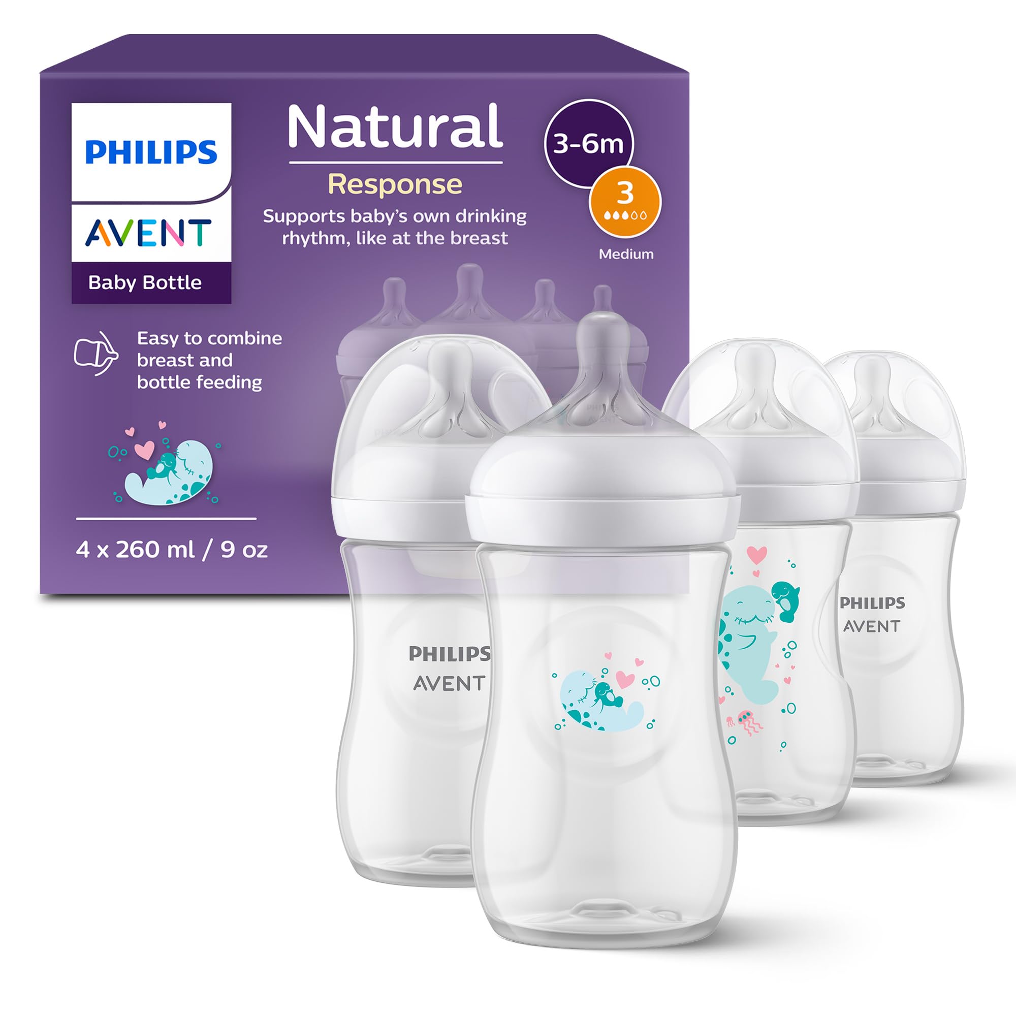 Philips Avent Natural Response Baby Gift Set, 4 Natural Response Baby Bottles 260 ml with T3 (1 m+ Teats), SCY903/61
