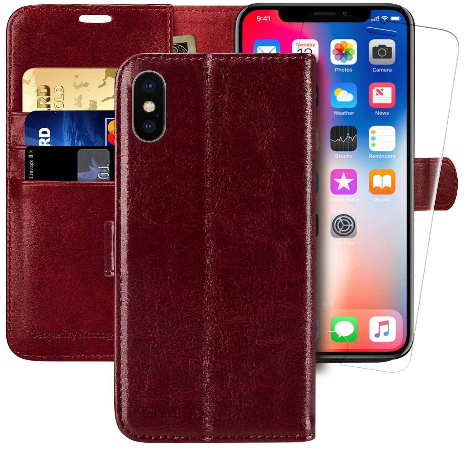 MONASAY iPhone XS Wallet Case/iPhone X Wallet Case,5.8-inch [Glass Screen Protector Included] Flip Folio Leather Cell Phone Cover with Credit Card Holder for Apple iPhone XS/X,Burgundy