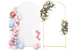 ECOLOVI 7.2 FT Gold Wedding Arch Backdrop Stand with White Arch Cover Spandex, Backdrop Stand for Parties, Balloon Arch Frame Stand for Birthday Graduation Ceremony Bridal Baby Shower Wedding Decor