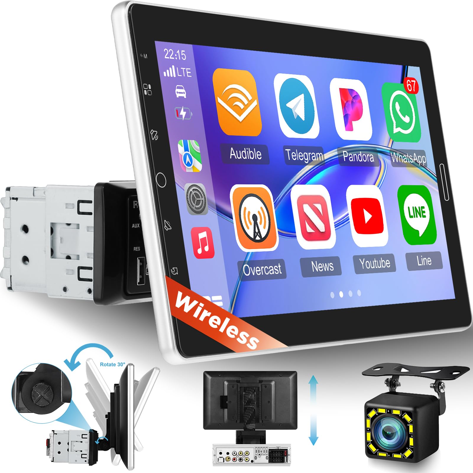 Photo 1 of 10.1 inch Single Din Car Stereo with Wireless Carplay 10 inch Touchscreen Radio Support AM FM Radio/YouTube Video/Car Play/Android Auto/Bluetooth/SWC + Backup Camera + Mic