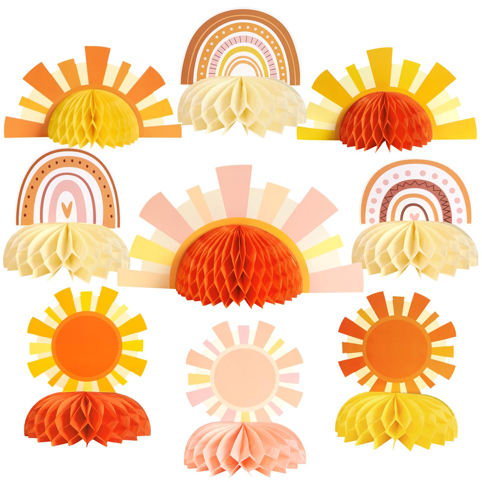 Photo 1 of 9PCS Boho Sun Honeycomb Centerpieces Boho Rainbow Party Decorations First Trip Around The Sun Decorations Hippie Sun Birthday Table Toppers for Baby Shower Photo Booth Props Decor