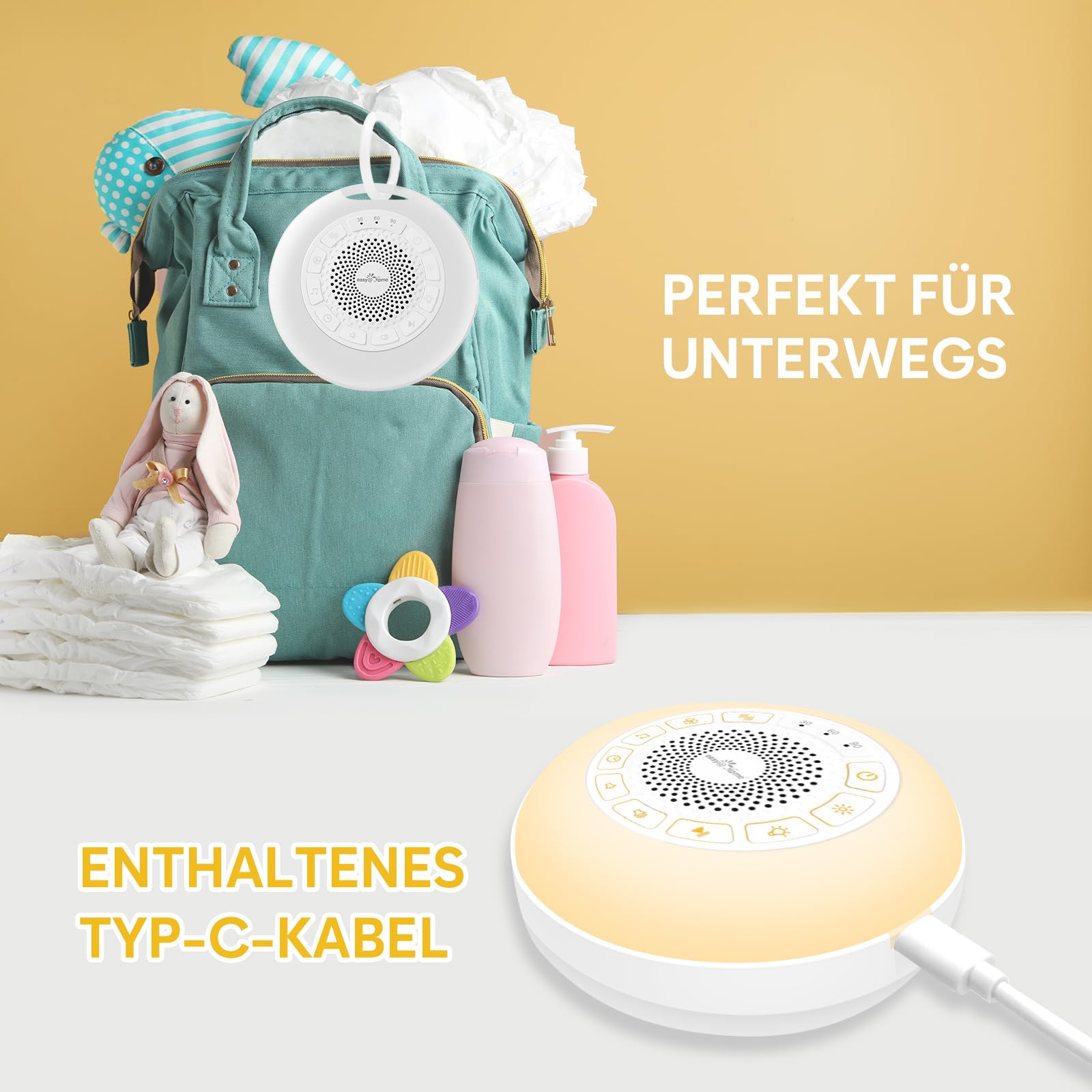 Easy@Home White Noise Machine: Tragbare Einschlafhilfe Babys mit weißem Rauschen | Nachtlicht | 26 Beruhigende Schlaflieder & Naturgeräusche | 3 Timer-Einstellungen | 7 Bunte Beleuchtung & USB 8