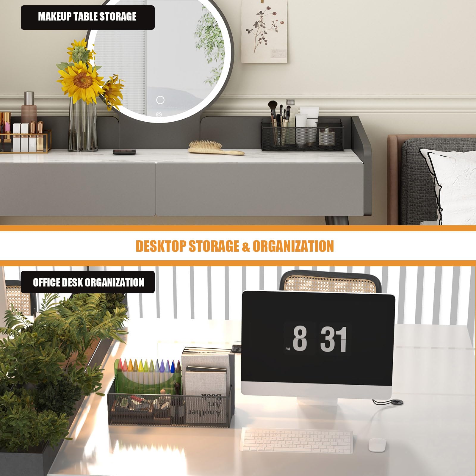 orbixa Under Desk Storage Organizer Clamp-On,Mesh Metal 3-IN-1 desk side storage- Use on desk,under desk or as a hanging wall organizer for office supplies & home essentials (black color)