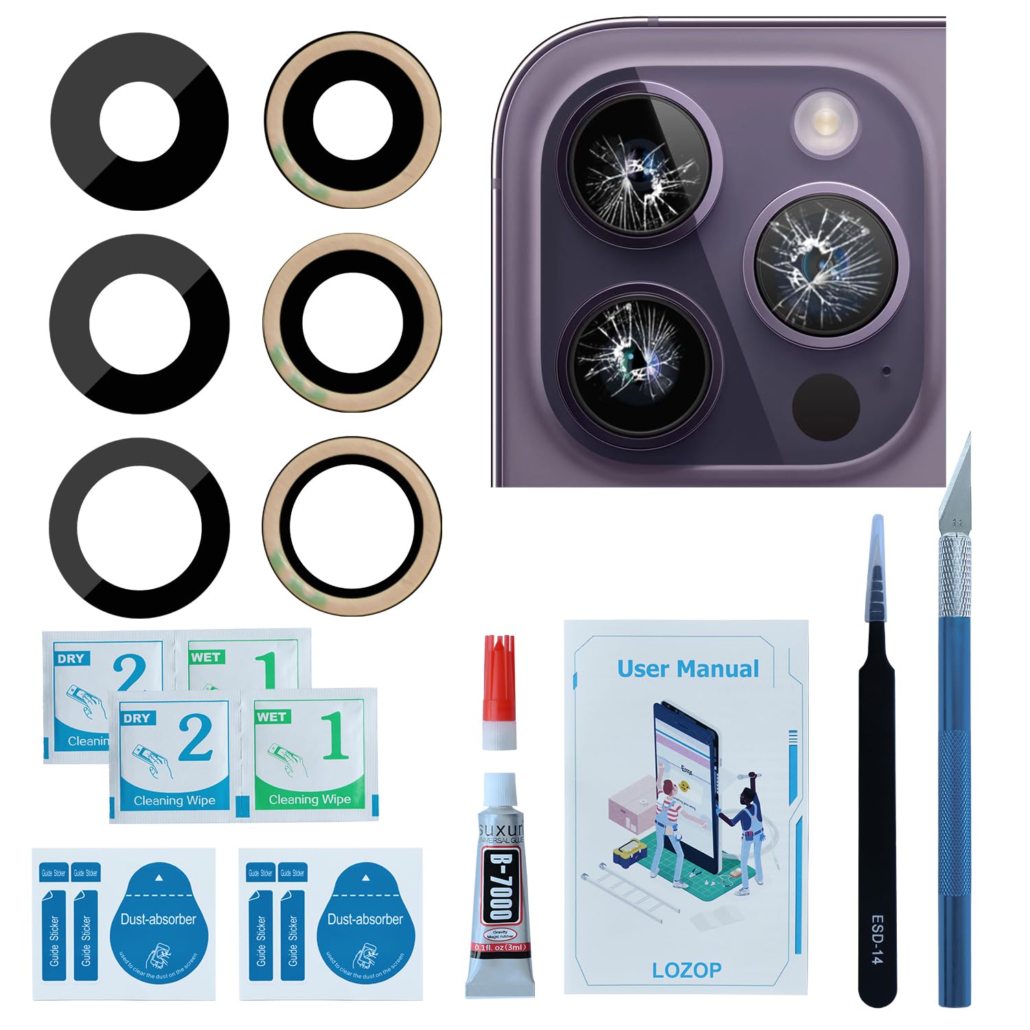 Photo 1 of LOZOP OEM Rear Camera Lens Glass Replacement with Adhesive Pre-Installed Compatible for iPhone 14 Pro / 14 Pro Max (3 Pieces/Set) with Repair Tools and Installation Manual