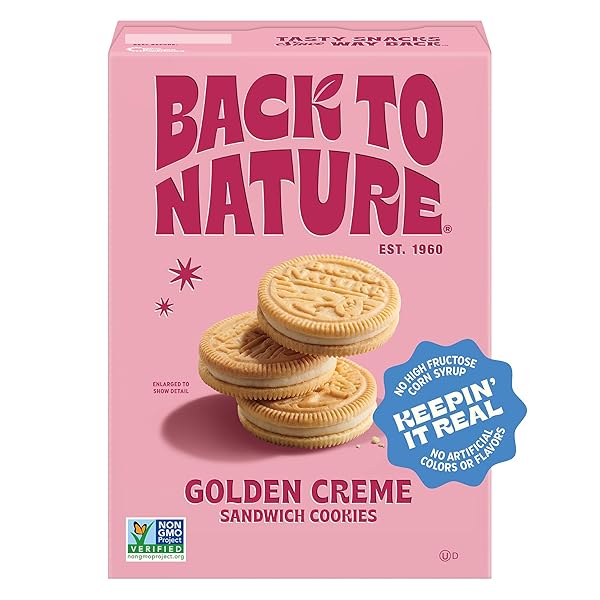 BACK TO NATURE GOLDEN VANILLA CREME SANDWICH COOKIES, PLANT BASED, NON-GMO, PLANT-BASED, MADE WITH WHEAT FLOUR, SNACK HAPPY 8.25 OZ BOX
