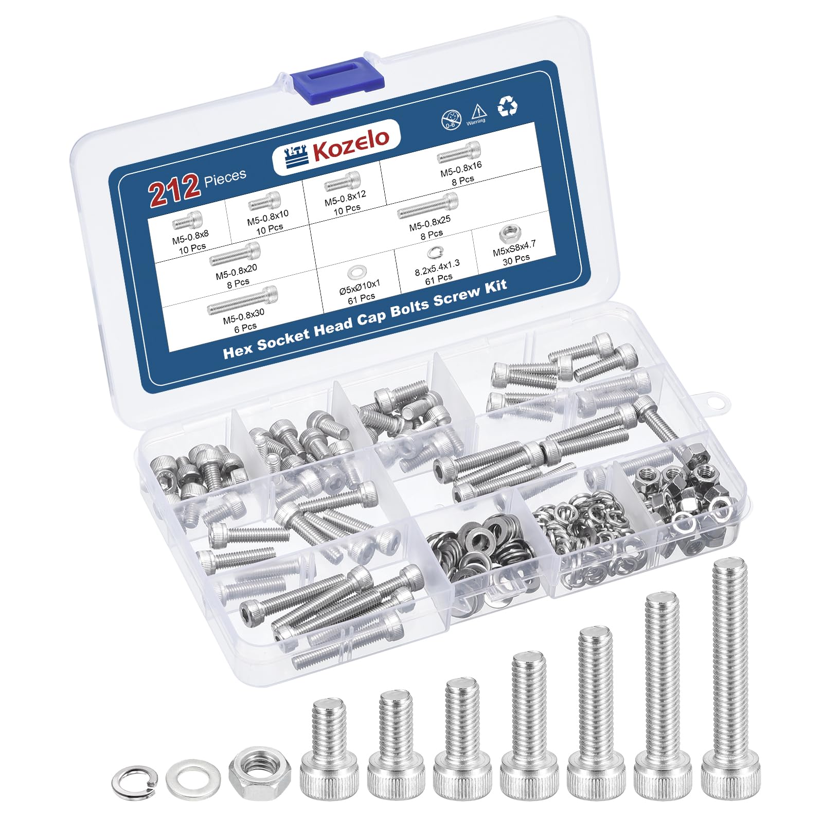 Kozelo 212pcs M5 Socket Head Cap Screws Bolts Nuts Assortment Kit - [M5x8/10/12/16/20/25/30mm] 304 Stainless Steel Allen Socket Drive for 3D Printer