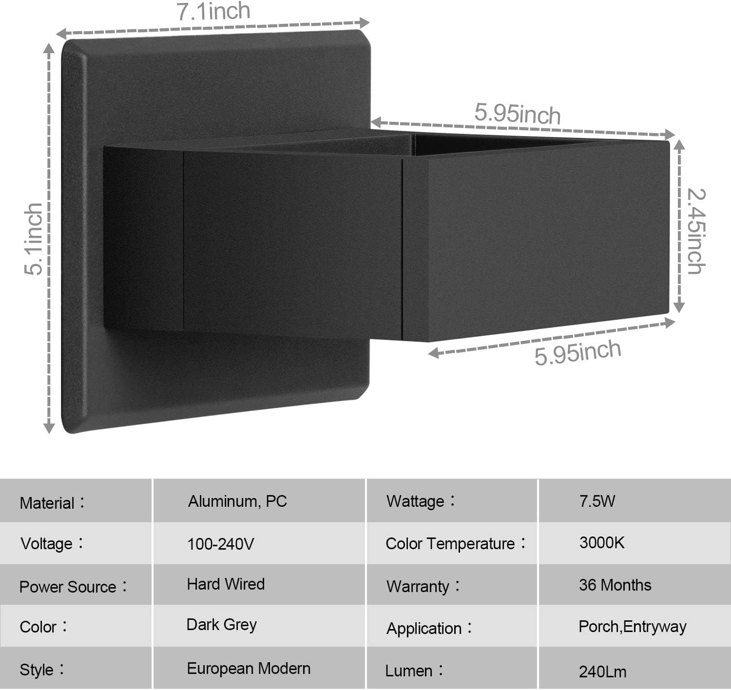 Inowel Outdoor Wall Sconce Exterior IP54 Waterproof Wall Fixture LED Wall Light Mount Lamp Lantern Anti-Rust Matte Grey Finish Aluminum Light Body for Porch Entryway Doorway Corridor 7.5W 240Lm 3000K - - 