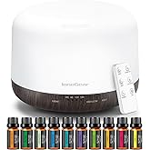 InnoGear Aromatherapy Diffuser & 10 Essential Oils Set, 500ml Essential Oil Diffuser with Remote Control Ultrasonic Cool Mist Scent Humidifier Vaporizer Auto-Off Timer for Room Office Home, Brown