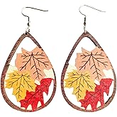 Autumn Fall Thanksgiving Funny Cute Turkey Maple Leaf Sunflower Pumpkin Drop Dangle Earrings Lightweight Colorful Wooden Thanksgiving Holiday Earrings Jewelry for Women
