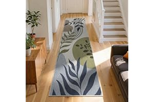 Green Botanical Print Washable Runner Rugs, 2x7ft,Non Slip Boho Kitchen Rugs，Soft Floral Plant Runner Carpet, Low-Plie Entryw