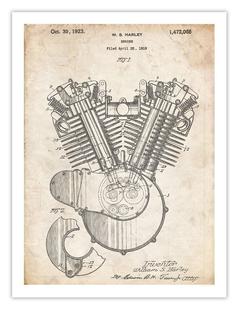 1923 HD V-twin Motorcycle Engine Poster Patent Art Print (18 X 24)