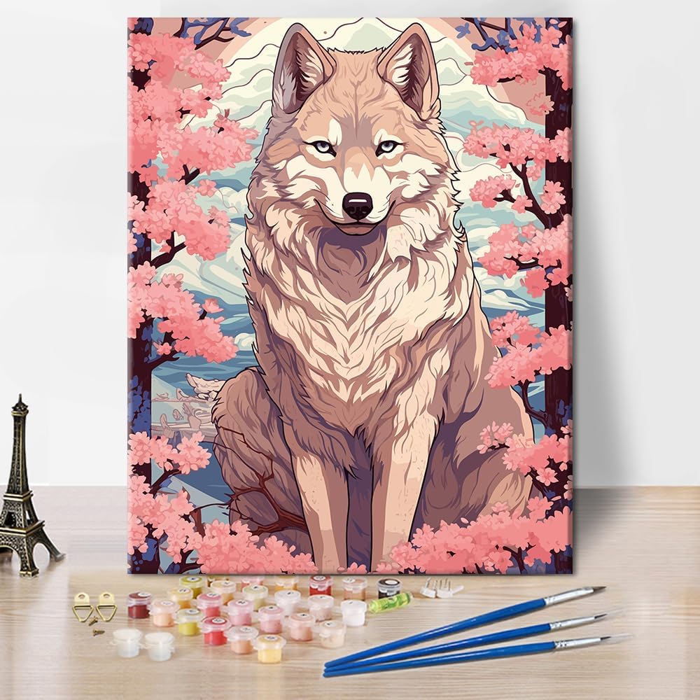 Paintings - TUMOVO Modern Paint by Numbers, Animals Paint by Numbers, White Wolf Acrylic Painting Kits, Animals and Flowers Modern Oil Painting with Brushes and Pigment, Frameless, 16x20 Inch
