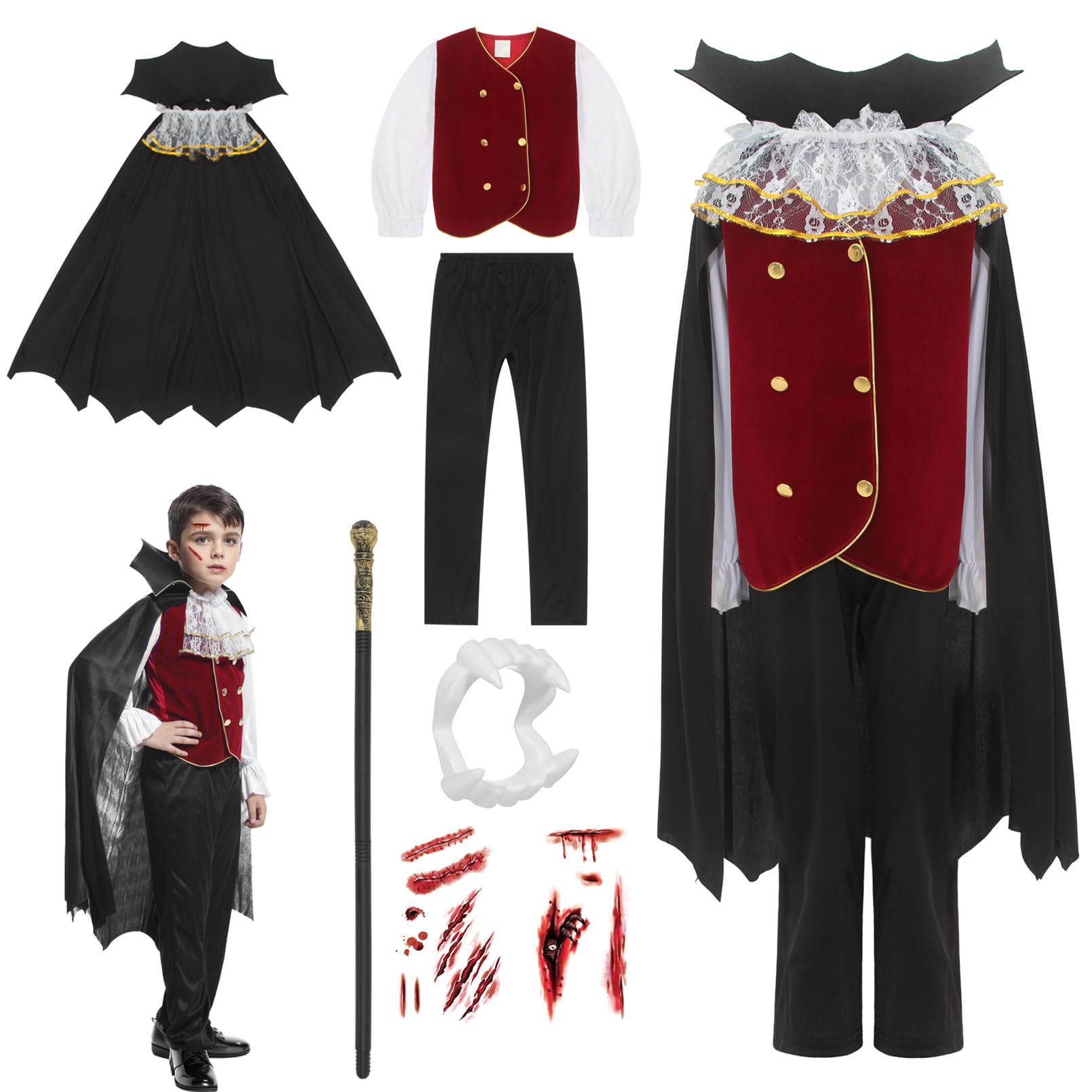 GEMVIE Kids Vampire Costume for Boys Halloween Dracula Costumes Fancy Dress Carnival Cosplay Outfits with Walking Cane Sticks