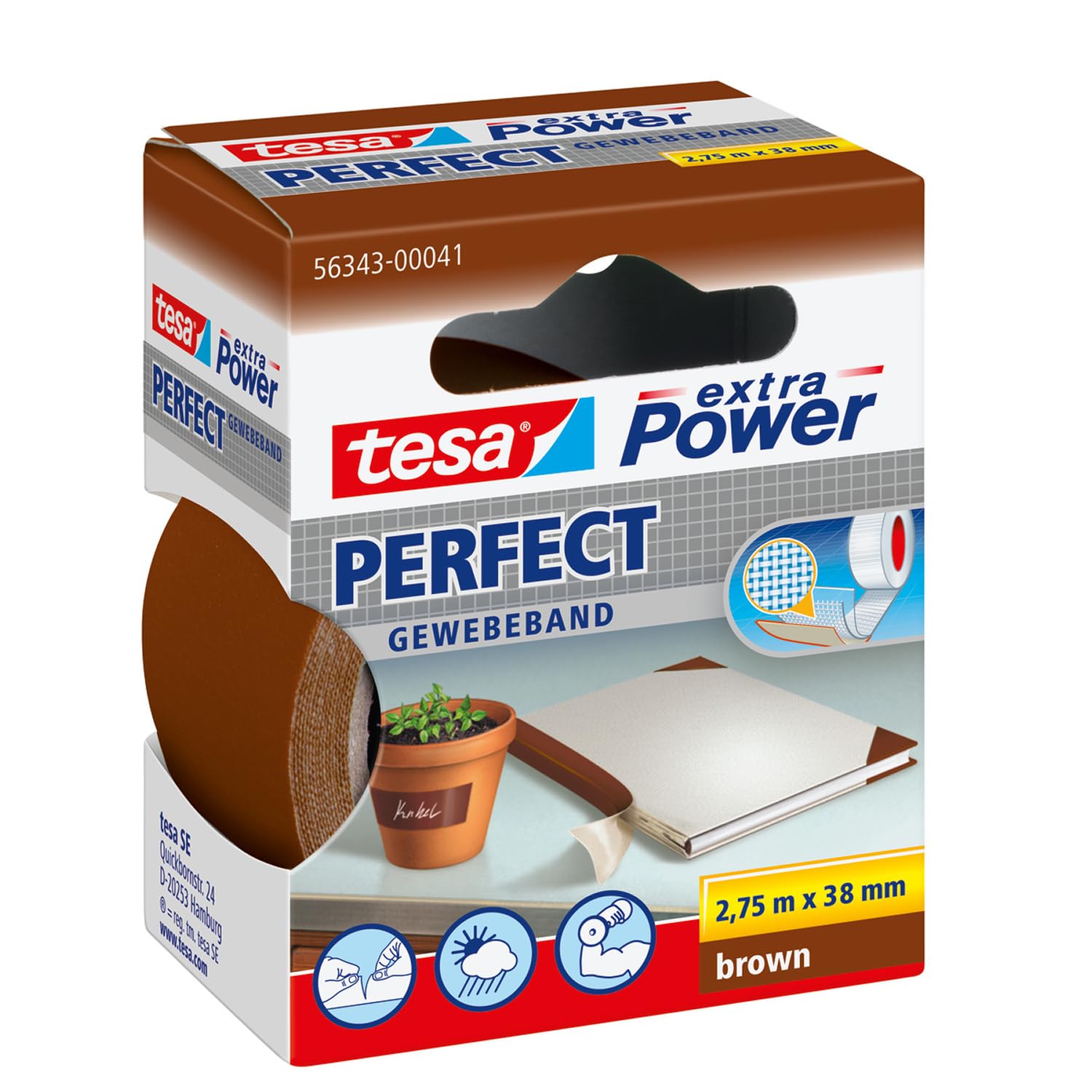tesa UK Extra Power Multi-Purpose Cloth Tape, 2.75 m x 38 mm - Brown