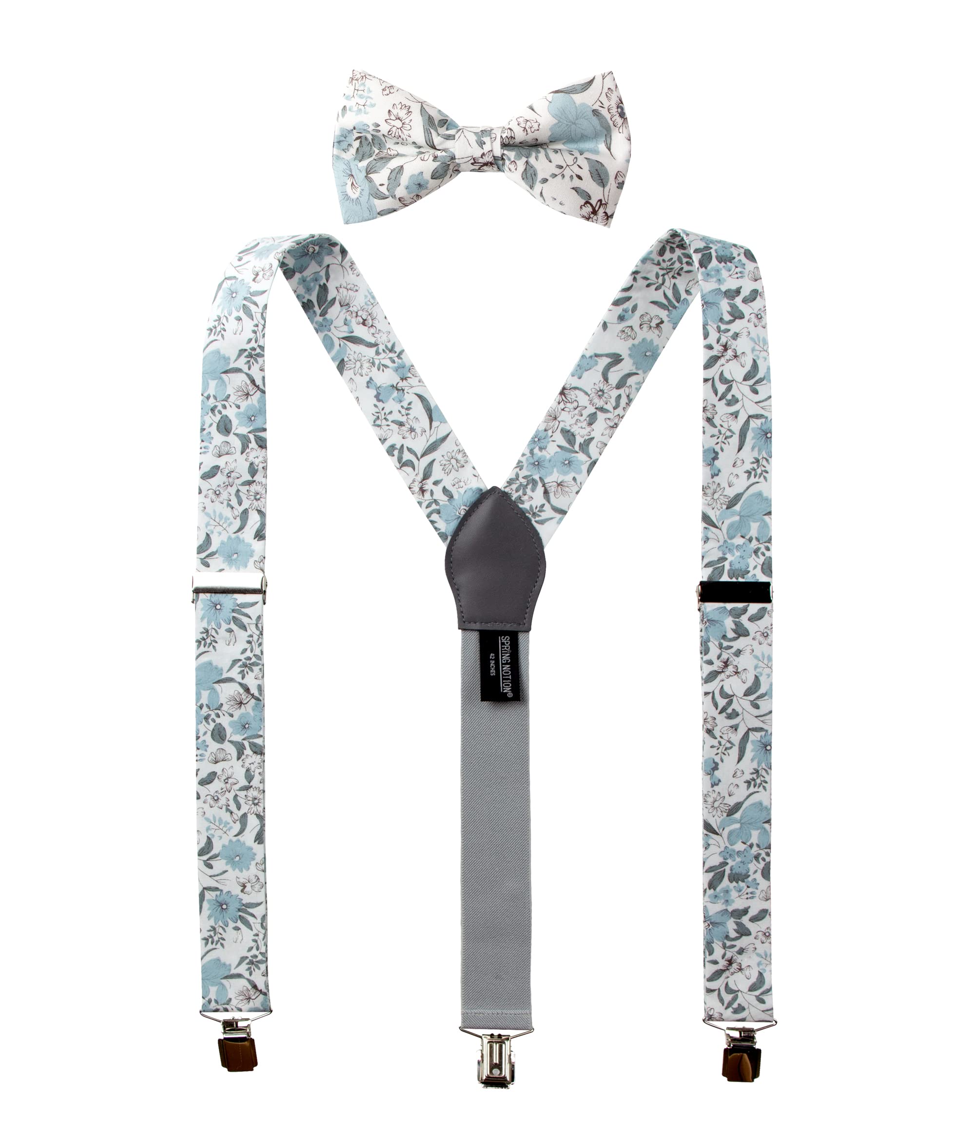 Photo 1 of Spring Notion Men's Cotton Floral Suspenders and Bow Tie Set for Groomsmen Wedding Parties, 48-Dusty Blue 42 Inch