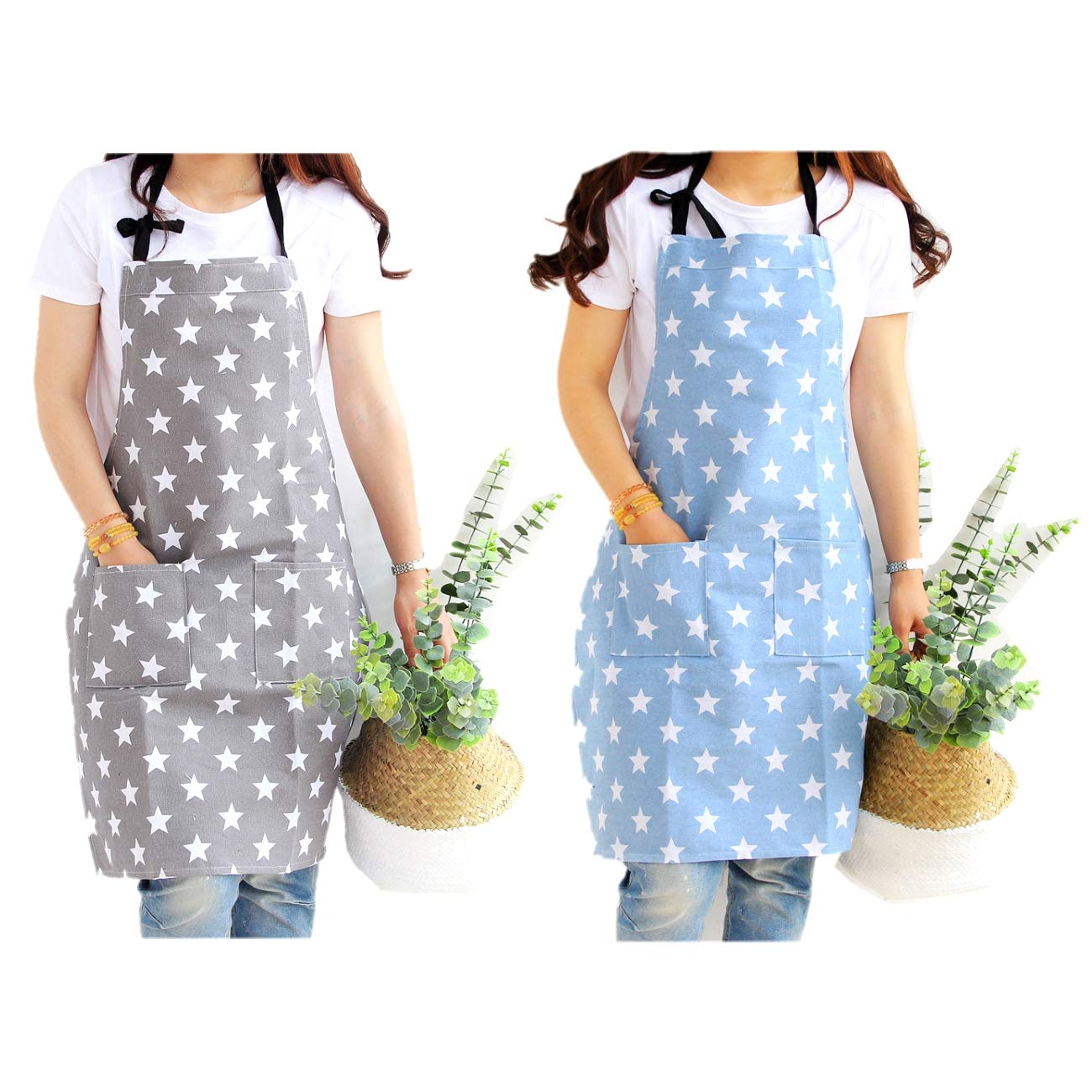 JZK 2 x Star Chefs kitchen apron cotton canvas apron with 2 pockets for women girls adults for home kitchen restaurant cooking BBQ garden