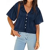 Cicy Bell Womens Cropped Babydoll Tops Summer Eyelet V Neck Short Sleeve Cute Blouses Ruffle Shirts