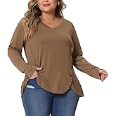 Agnes Orinda Plus Size Tunic Tops for Women Casual V Neck Loose Button Side Long Sleeve Basic Swing Blouses