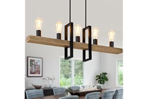 VERRON 60" Kitchen Island Lighting, 5-Light Dining Room Light Fixture, Adjustable Farmhouse Linear Chandelier Over Table, Pool Table Lights, Pendant Light, Black & Wood Finish Ceiling Hanging Lights