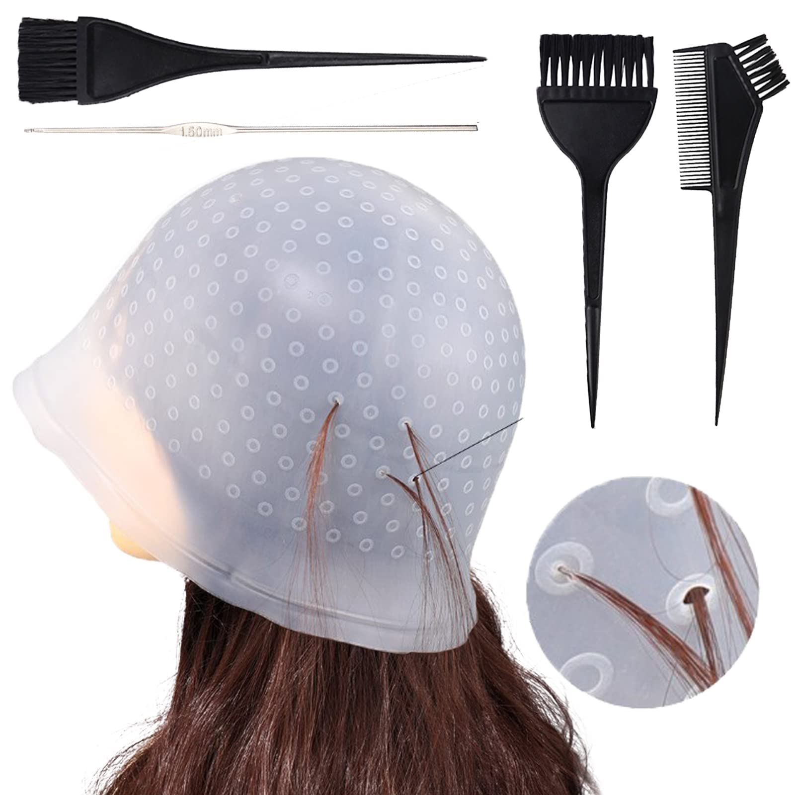 Punched Hole Silicone Highlight Hair Cap with Hair Coloring Brushes and Needle,Highlighting Frosting Cap,Highlight Cap,Professional Salon Silicone Hairdressing Tools for Women Men