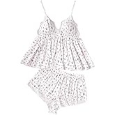 BEAUDRM Women's 2 Piece Pajama Set Floral Print Lace V Neck Sleeveless Flowy Cami Top with Shorts Loungewear