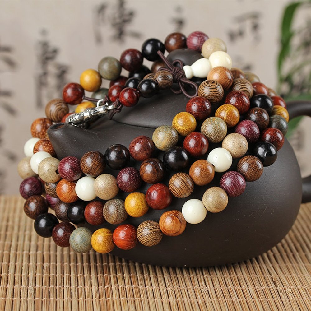 Buddhist Prayer Beads - Tibetan Mala Necklace - 8mm 108 Wood Colorful Beads Bracelet for Meditation Yoga