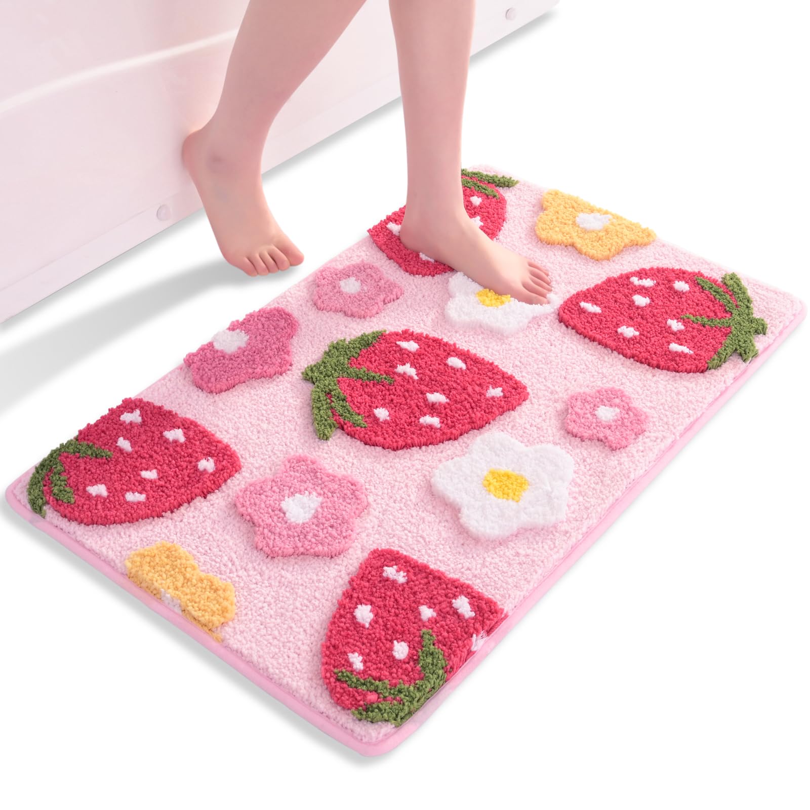 QJHOMO Pink Bath Mat Non Slip Bathroom Mats 50 x 80 cm, Cute Strawberry Bathroom Accessories Flower Floor Mat, Thick Soft Microfiber Bathmat Machine Washable Bath Rug Absorbent Carpet for Bedroom