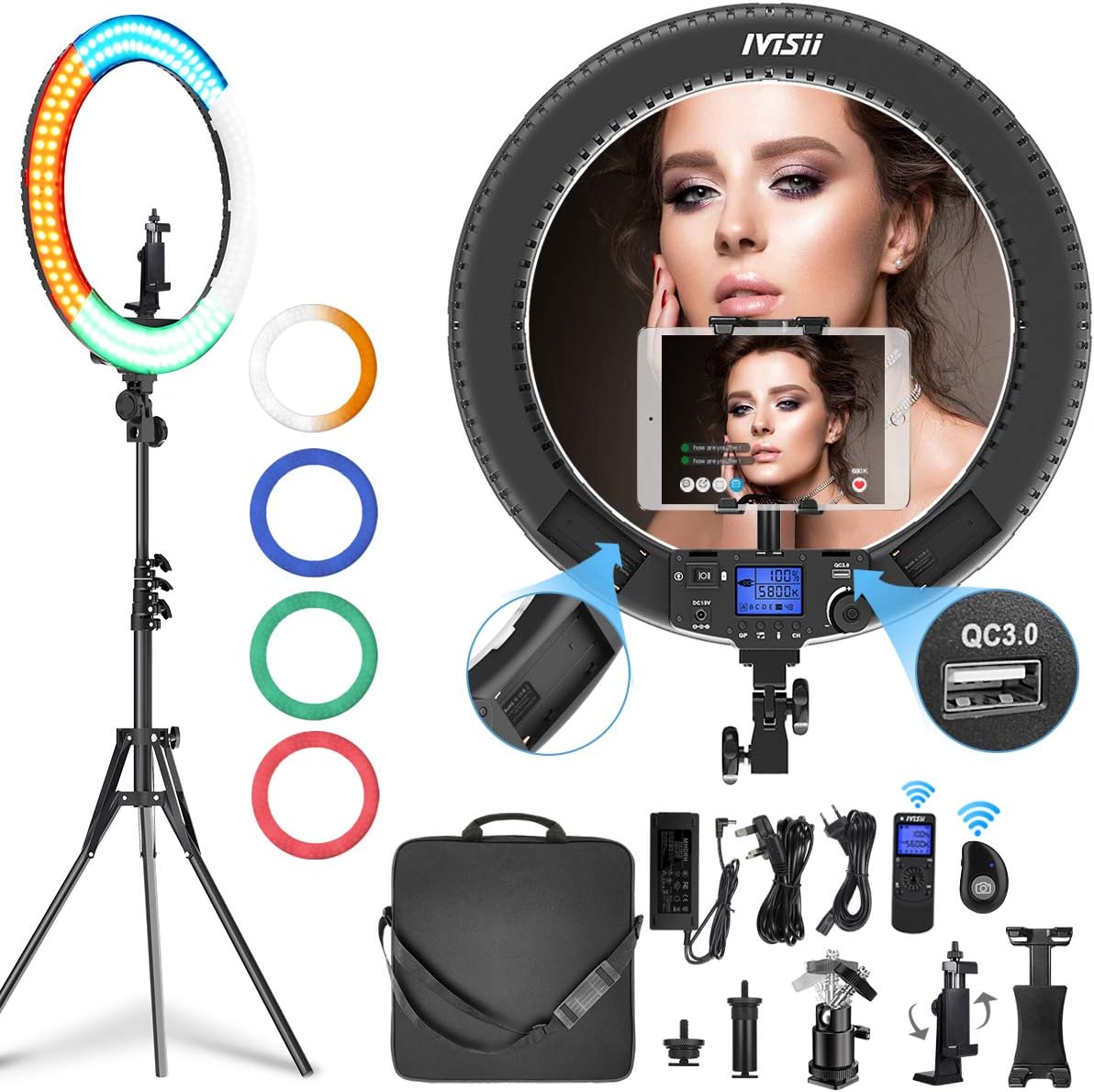 IVISII 19 inch Ring Light with Remote Controller and Stand ipad Holder, 60W Bi-Color with 4 Color Soft Filters for Live Stream/Makeup/YouTube Video/TikTok/Zoom/Photography : Camera & Photo