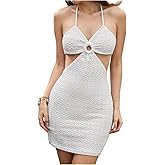 MakeMeChic Women's Bow Knot Tie Back Ruched Cut Out Halter Bodycon Summer Mini Dress