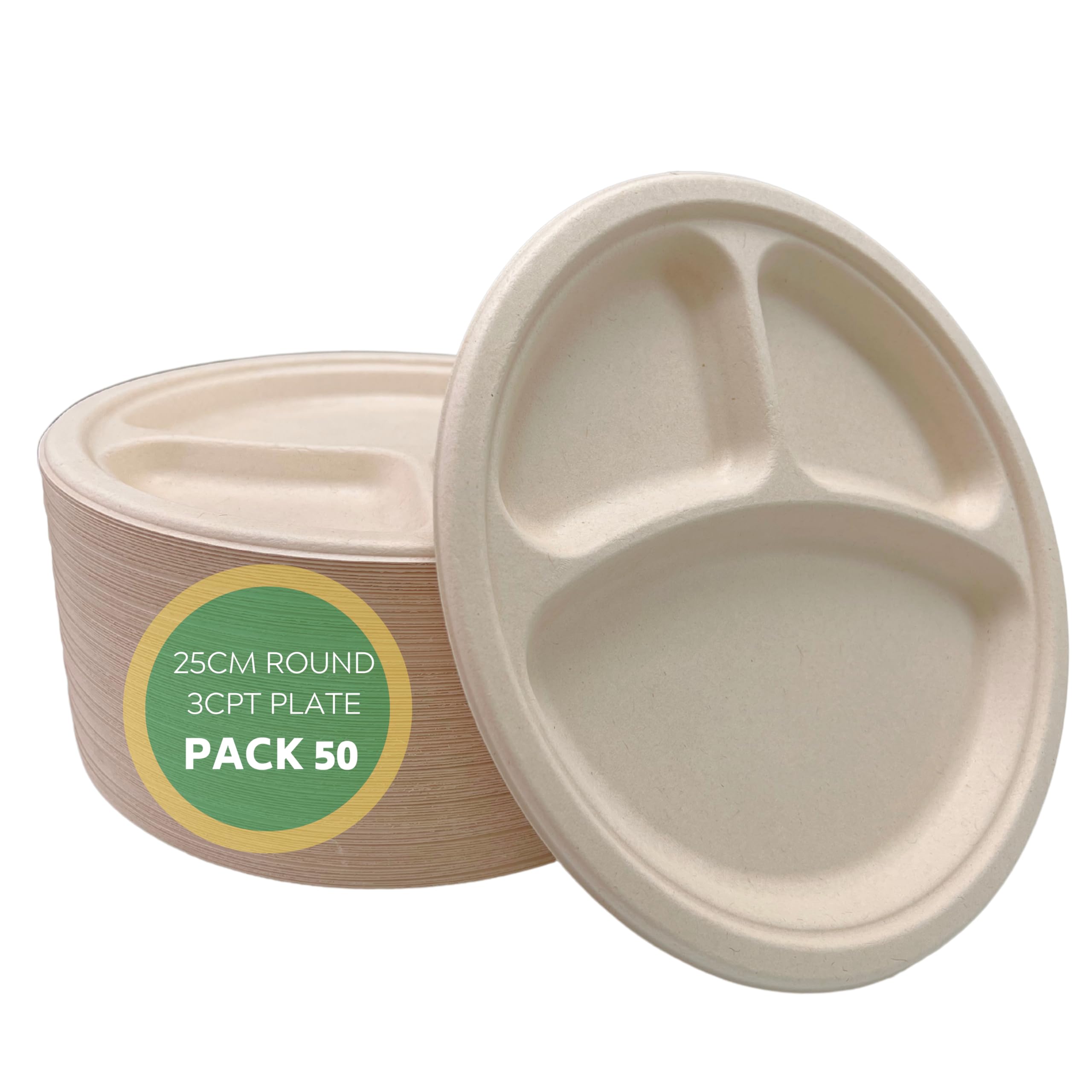 DISPOSABLE GREEN® | 50 Pcs Pack 10 Inch Heavy-Duty Plates 3 Compartment | Heavy Duty | Unbleached Sugarcane Bagasse | Home COMPOSTABLE, Biodegradable, ECO Friendly…