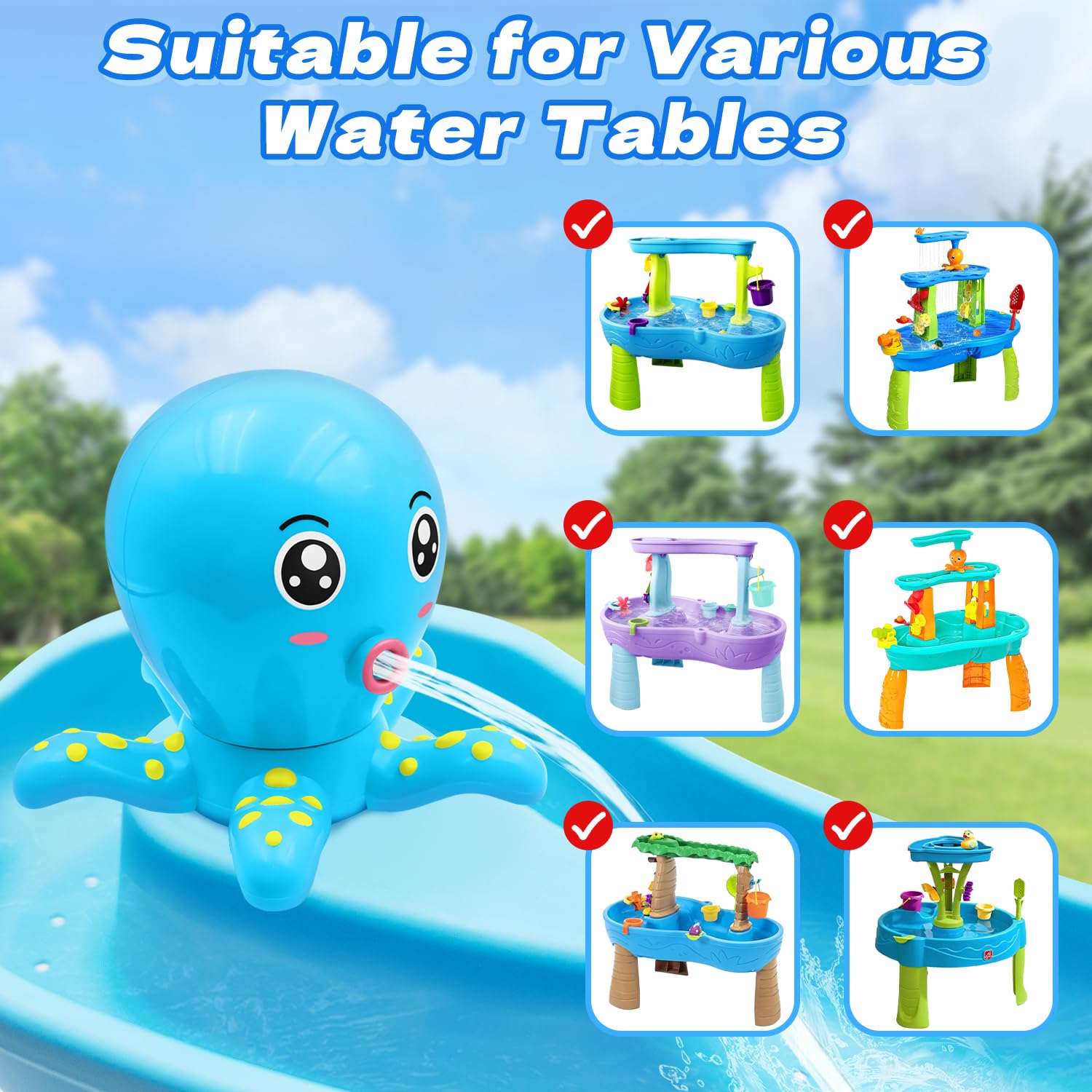 Octopus Water Table Pump, Battery Powered Water Pump for Water Table 3 Hours Non-Stop Fun Summer Outdoor Sand/Water Table Toys Outside Water Play Table Accessories for Toddlers Kids (Blue)