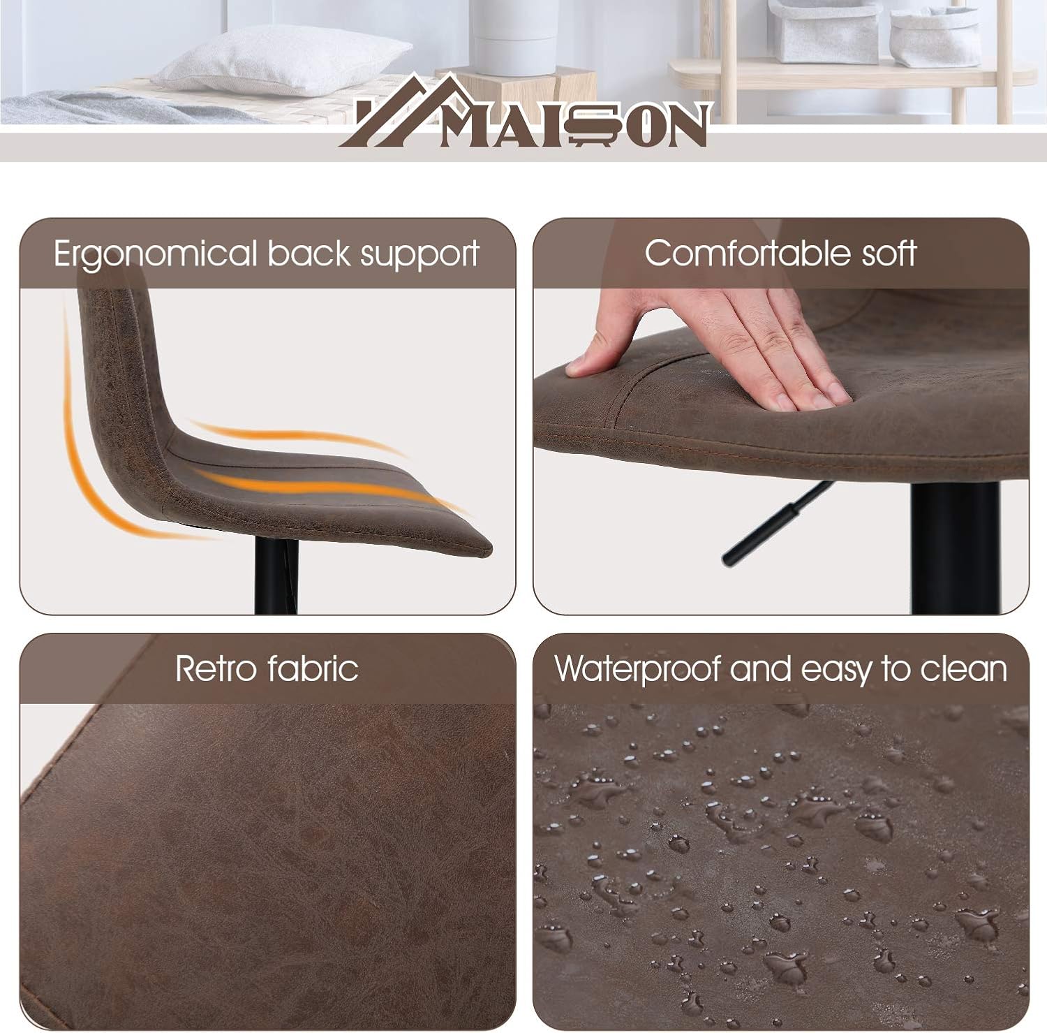 Maison Swivel Bar Stools Set of 2 for Kitchen Counter Adjustable Counter Height Bar Chairs with Back Tall Barstools Faux Leather Kitchen Island Stools, 300LBS Bear Capacity, Brown: Kitchen & Dining