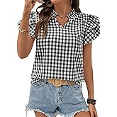 SHEWIN Womens Tops V Neck Ruffle Short Sleeve Gingham Shirts Blouses Cute Summer Tops for Women 2026