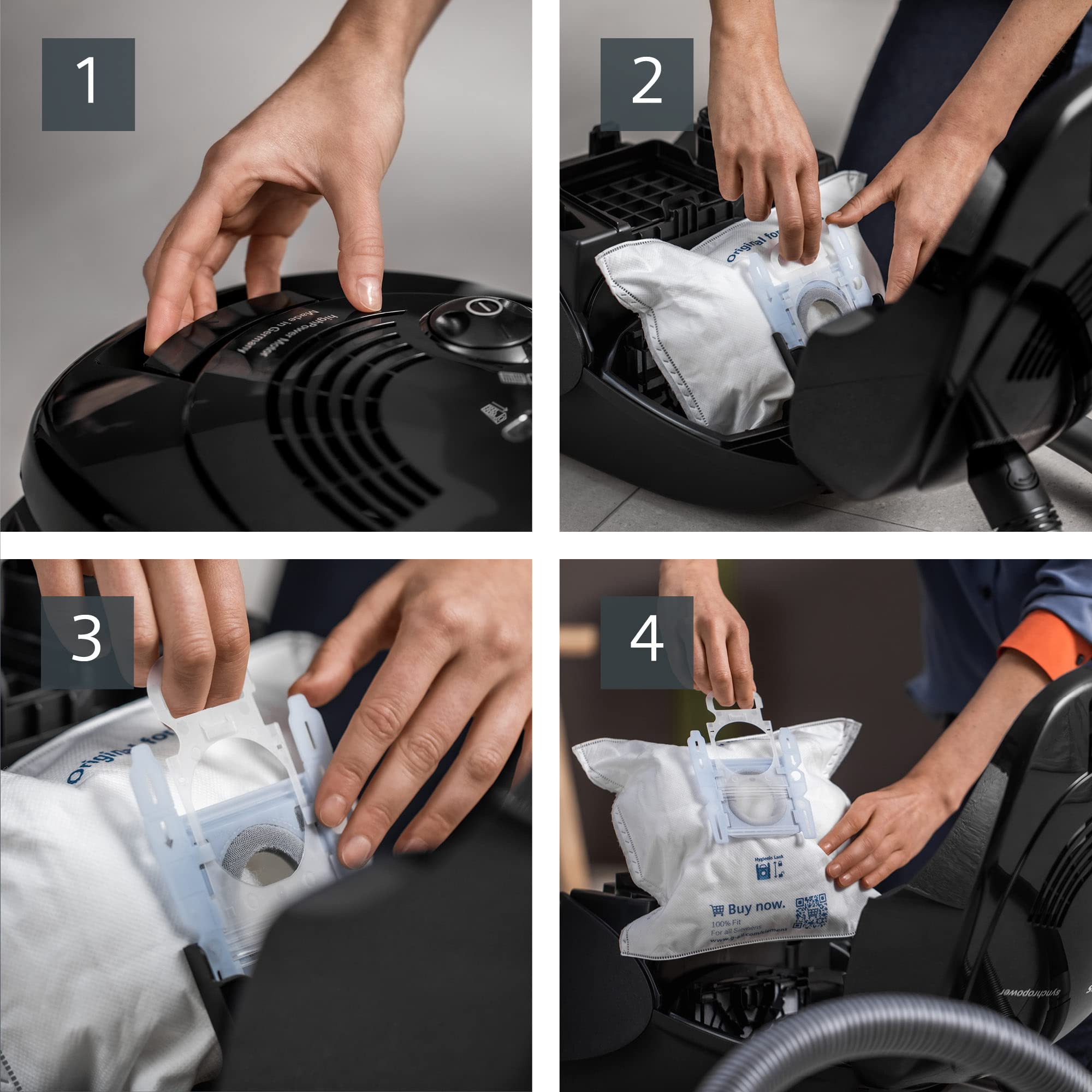 Siemens Staubsauger mit Beutel synchropower VS06B112A, Bodenstaubsauger, Hygiene-Filter, Bodendüse für Parkett, Teppich, Fliesen, starke Saugleistung, langes Kabel, Fugendüse, 700 W, schwarz 7