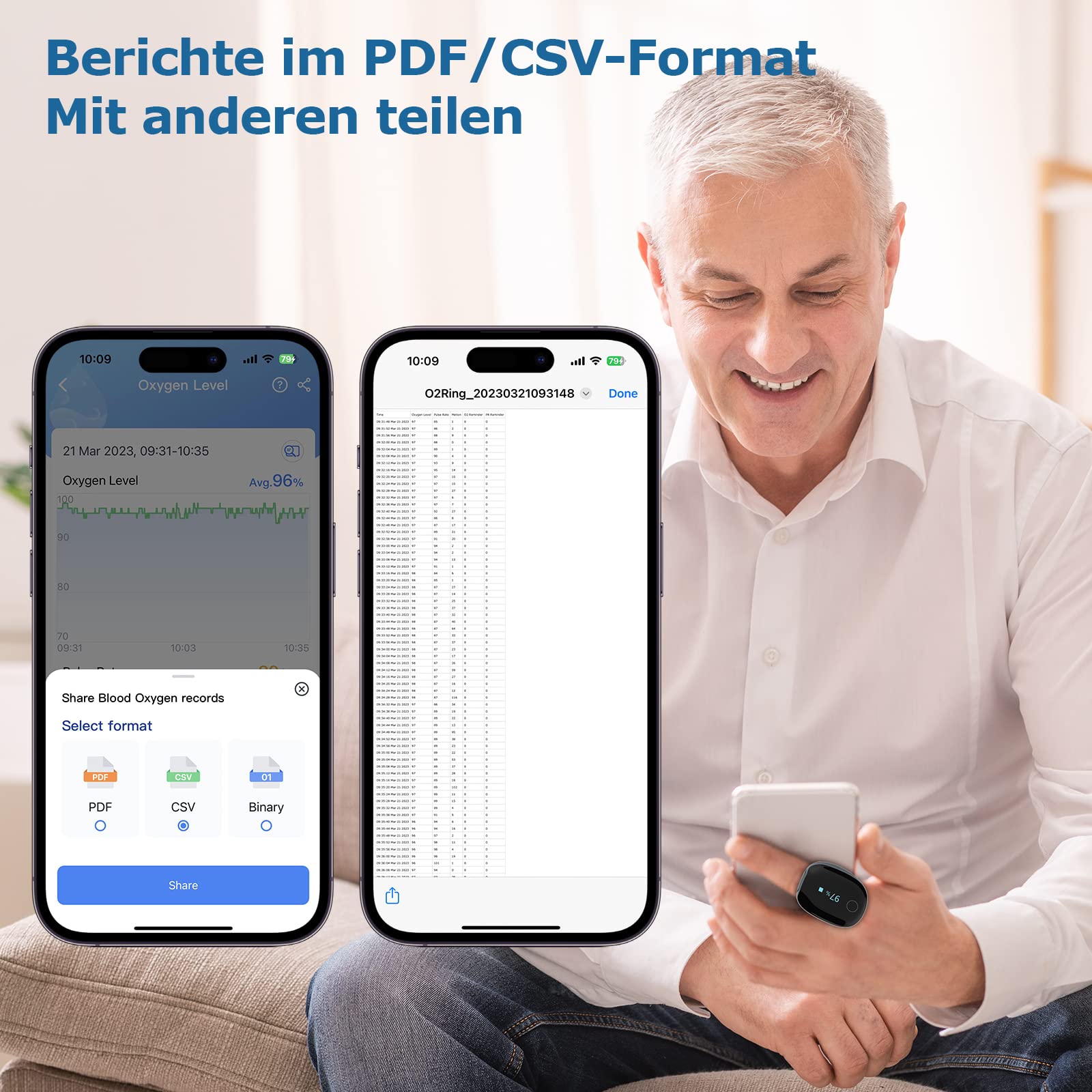 O2 Ring Pulsoximeter für kontinuierliche Überwachung, Schlafoximeter Fingertip mit Alarm, Bluetooth Sauerstoff Oxymetergerät für O2 sauerstoffsättigung und Herzfrequenz, APP und Berichte 4