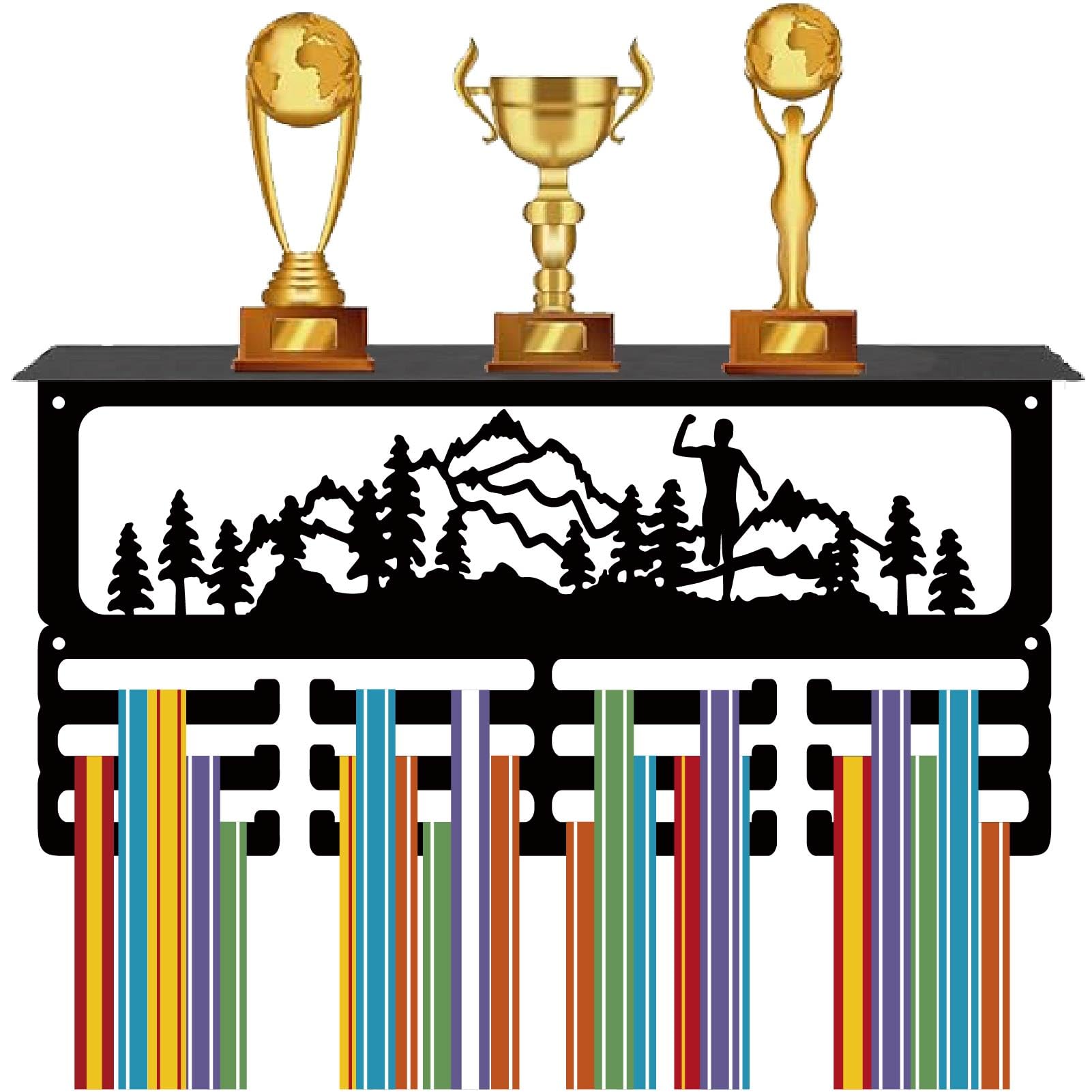 CREATCABIN Running Medal Hanger Display Trophy Shelf Medal Holder with Shelf Mountain Stand Sports 4 Rows Metal Hanging Wall Mount Hold 70+ Medals for Marathon Competition Ribbon Medals 15.7x7.9Inch