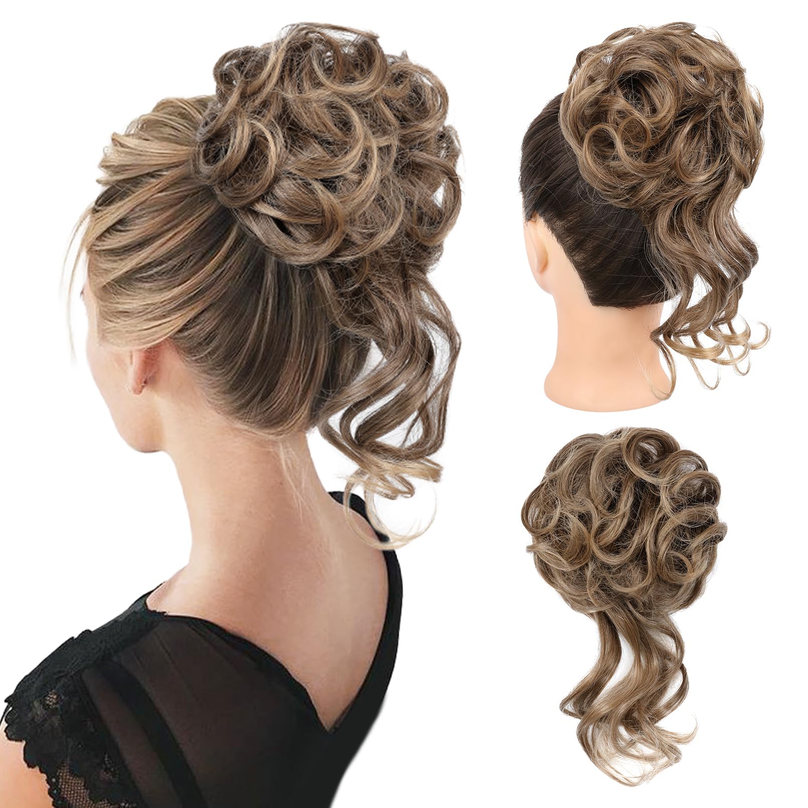 REECHO Messy Bun Hair Piece, Tousled Updo Elastic Hair Bun Hair Piece for Women Synthetic Messy Hair Bun Donut Accessories Scrunchies (Light Brown with Golden Ends)