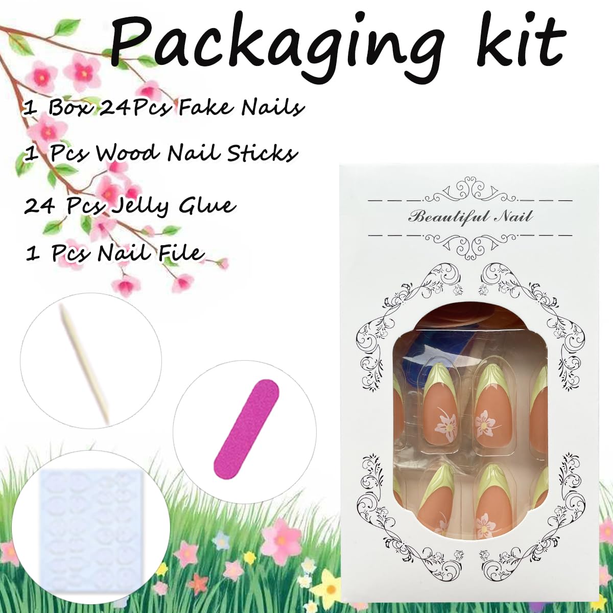 24Pcs Spring Press on Nails Almond Medium French Tip Fake Nails Cute Flowers Designs 3D Green Nail Tips Almond Shaped Acrylic Nails Full Cover Reusable Stick on Nails False Nails for Women Girls - Image 6