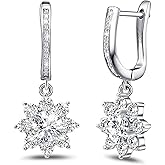 Dangle Hoop Earrings with CZ Charm for Women Sterling Silver Flower Hoop Earrings Delicate Dainty Cubic Zirconia Drop Dangle Earrings for Wife Mom Birthday Gifts