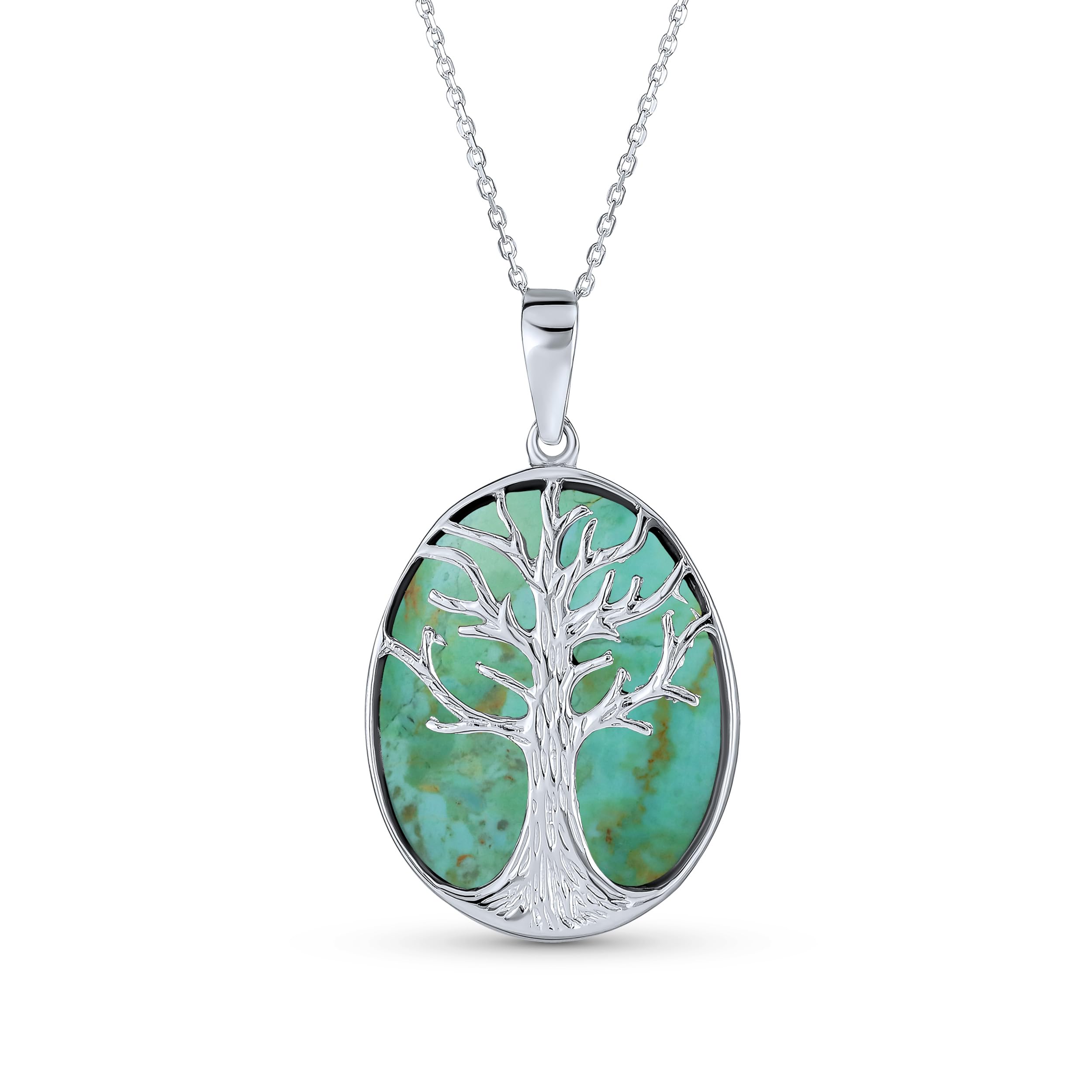 Blue Turquoise Large Oval Wishing Tree Family Tree Of Life Pendant Necklace Western Jewelry For Women .925 Sterling Silver